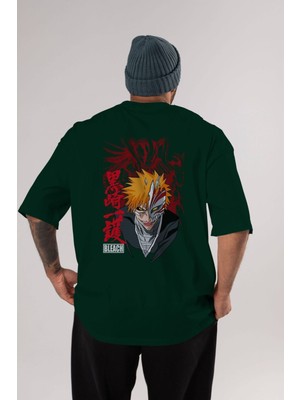 Ankhises Ichıgo Kurosakı Vızard Anime Arka Baskılı Zümrüt Yeşili Oversize T-Shirt Pamuk Erkek Kadın
