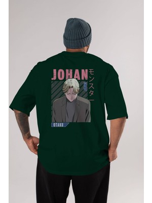 Ankhises Johan Liebert Monster Anime Arka Baskılı Zümrüt Yeşili Oversize T-Shirt Pamuk Erkek Kadın