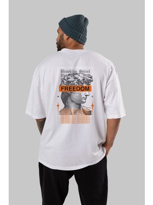 ankhisesBrooklyn Street Arka Baskılı Beyaz Oversize T-Shirt  Erkek Kadın Bisiklet Yaka