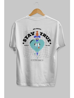 ankhises Stay True Arka Baskılı Beyaz Oversize T-Shirt  Erkek Kadın Bisiklet Yaka