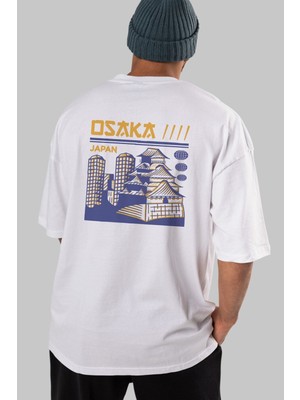 ankhises Osaka Arka Baskılı Beyaz Oversize T-Shirt  Erkek Kadın Bisiklet Yaka