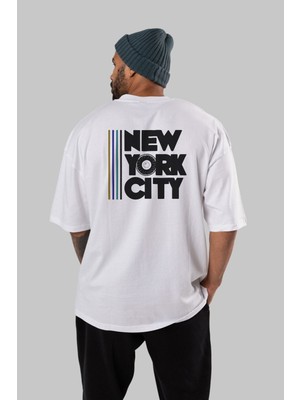 ankhises New York City Style Arka Baskılı Beyaz Oversize T-Shirt  Erkek Kadın Bisiklet Yaka