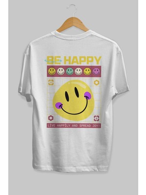ankhises Be Happy Yazılı Arka Baskılı Beyaz Oversize T-Shirt Erkek Kadın Bisiklet Yaka