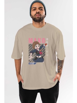 Ankhises Mako Mankanshoku 2 Anime Ön Baskılı Bej Oversize T-Shirt Erkek Kadın