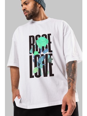 ankhisesRose Love Ön Baskılı Beyaz Oversize T-Shirt  Erkek Kadın Bisiklet Yaka
