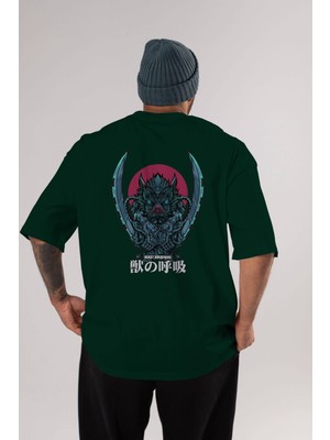 Ankhises Inosuke Demon Slayer Anime Arka Baskılı Zümrüt Yeşili Oversize T-Shirt Pamuk Erkek Kadın