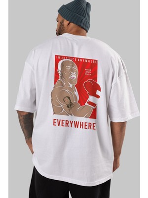 ankhises Luther King Boxer Arka Baskılı Beyaz Oversize T-Shirt  Erkek Kadın Bisiklet Yaka
