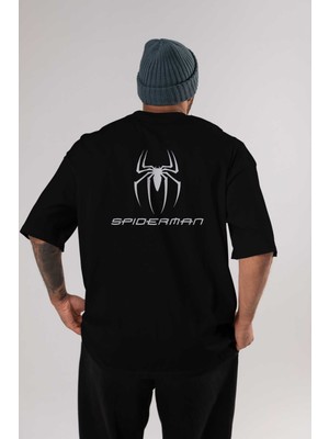ankhisesSpiderman Arka Baskılı Siyah Oversize T-Shirt  Erkek Kadın Bisiklet Yaka