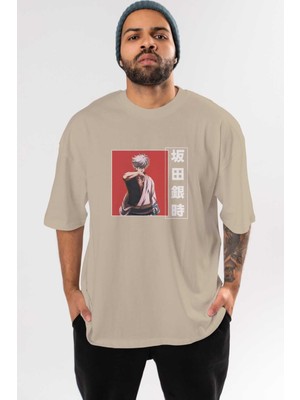 Ankhises Gintoki Sakata Gıntama 1 Anime Ön Baskılı Bej Oversize T-Shirt Erkek Kadın