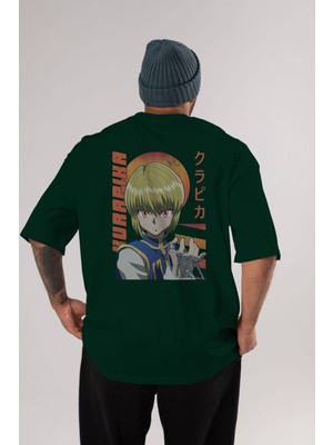 Ankhises Kurapika 5 (2) Anime Arka Baskılı Zümrüt Yeşili Oversize T-Shirt Pamuk Erkek Kadın