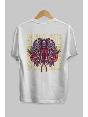 ankhises Snake Arka Baskılı Beyaz Oversize T-Shirt Erkek Kadın Bisiklet Yaka