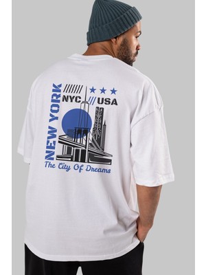 ankhisesNew York Arka Baskılı Beyaz Oversize T-Shirt  Erkek Kadın Bisiklet Yaka