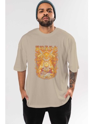 Ankhises Naruto Kyuubı 1 Anime Ön Baskılı Bej Oversize T-Shirt Erkek Kadın