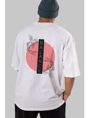 ankhises Balance 2 Yazılı Arka Baskılı Beyaz Oversize T-Shirt Erkek Kadın Bisiklet Yaka
