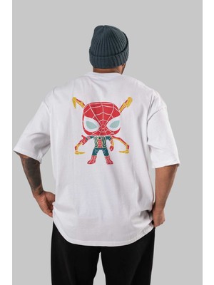 ankhisesSpiderman (17) Arka Baskılı Beyaz Oversize T-Shirt Bisiklet Yaka Pamuk Erkek Kadın