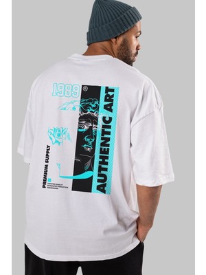 ankhises Authentic Art Arka Baskılı Beyaz Oversize T-Shirt  Erkek Kadın Bisiklet Yaka