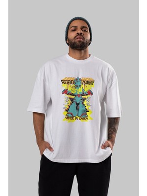 ankhisesRobo Zombie Ön Baskılı Beyaz Oversize T-Shirt  Erkek Kadın Bisiklet Yaka