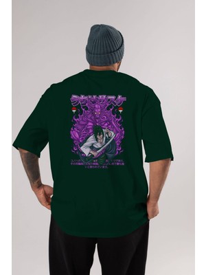 Ankhises Sasuke Uchıha Naruto Anime Arka Baskılı Zümrüt Yeşili Oversize T-Shirt Pamuk Erkek Kadın