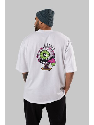 ankhises Eye Monster Skater Arka Baskılı Beyaz Oversize T-Shirt  Erkek Kadın Bisiklet Yaka