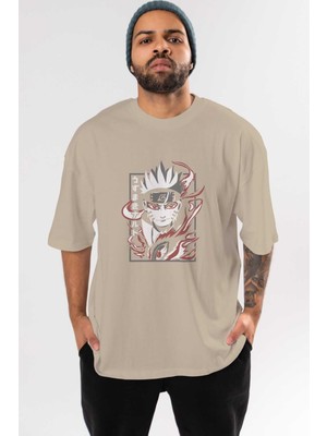 Ankhises Narutomod Anime Ön Baskılı Bej Oversize T-Shirt Erkek Kadın