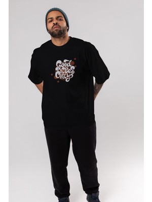 ankhisesGood Vibes Only Yazılı Ön Baskılı Siyah Oversize T-Shirt  Erkek Kadın Bisiklet Yaka