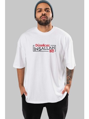 ankhises Düzelicez Inşallah Be Ön Baskılı Beyaz Oversize T-Shirt Erkek Kadın Bisiklet Yaka