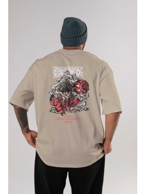 Ankhises One Piece Snakeman Anime Arka Baskılı Bej Oversize T-Shirt %100 Pamuk Erkek Kadın