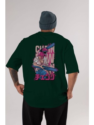 Ankhises Denjı And Makıma Anime Arka Baskılı Zümrüt Yeşili Oversize T-Shirt Pamuk Erkek Kadın