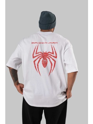 ankhisesSpiderman (11) Arka Baskılı Beyaz Oversize T-Shirt Bisiklet Yaka Pamuk Erkek Kadın