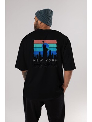 ankhises New York Yazılı Arka Baskılı Siyah Oversize T-Shirt Erkek Kadın Bisiklet Yaka