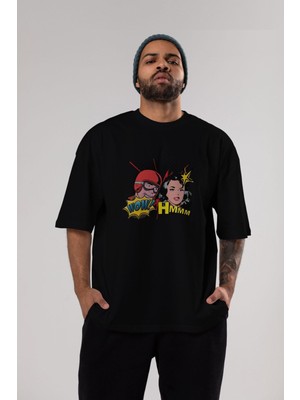 ankhisesComic Wow Yazılı Ön Baskılı Siyah Oversize T-Shirt  Erkek Kadın Bisiklet Yaka