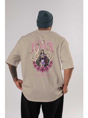 Ankhises Gigante Fleur Anime Arka Baskılı Bej Oversize T-Shirt %100 Pamuk Erkek Kadın