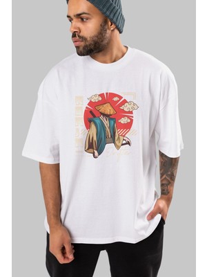 ankhises Ronin Ön Baskılı Beyaz Oversize T-Shirt  Erkek Kadın Bisiklet Yaka