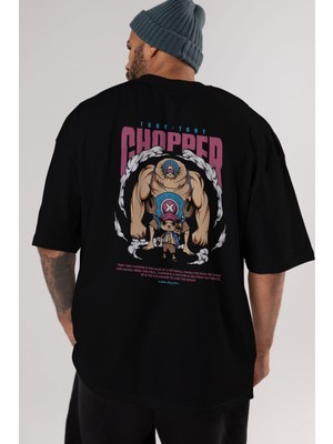 ankhisesTony Tony Chopper Anime Arka Baskılı Siyah Oversize T-Shirt Erkek Kadın