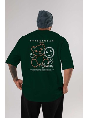 Ankhises Be Yourself Bear Arka Baskılı Zümrüt Yeşili Oversize T-Shirt Unisex Erkek Kadın Bisiklet Yaka