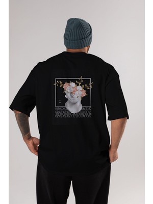 ankhises Good Think Yazılı Arka Baskılı Siyah Oversize T-Shirt Erkek Kadın Bisiklet Yaka