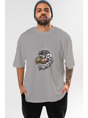 Ankhises Bird Pilot Ön Baskılı Gri Oversize T-Shirt Unisex Erkek Kadın Bisiklet Yaka