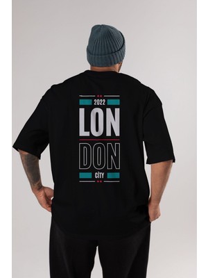 ankhises London City Yazılı Arka Baskılı Siyah Oversize T-Shirt Erkek Kadın Bisiklet Yaka