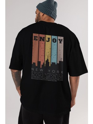 ankhisesEnjoy New York Yazılı Arka Baskılı Siyah Oversize T-Shirt Erkek Kadın Bisiklet Yaka