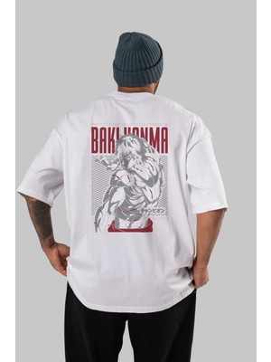 ankhisesBakı Hanma Anime Arka Baskılı Beyaz Oversize T-Shirt  Pamuk Erkek Kadın