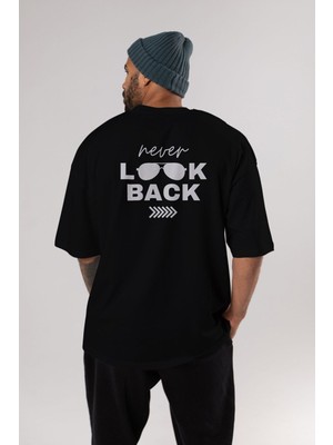ankhisesNever Look Back Yazılı Arka Baskılı Siyah Oversize T-Shirt Erkek Kadın Bisiklet Yaka