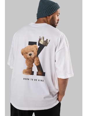 ankhises Teddy Bear Born To Be King Arka Baskılı Beyaz Erkek Kadın Bisiklet Yaka Oversize T-Shirt