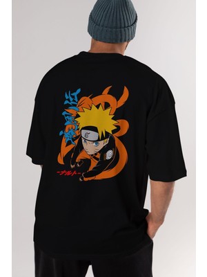 ankhises Naruto Uzumaki 1 Anime Arka Baskılı Siyah Oversize T-Shirt Erkek Kadın