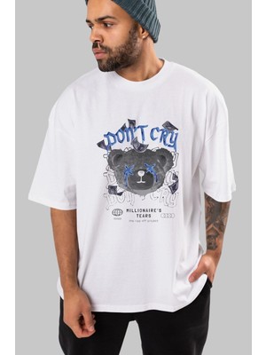 ankhises Dont Cry Bear Ön Baskılı Beyaz Oversize T-Shirt  Erkek Kadın Bisiklet Yaka