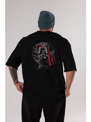 ankhisesThor Arka Baskılı Siyah Oversize T-Shirt  Erkek Kadın Bisiklet Yaka