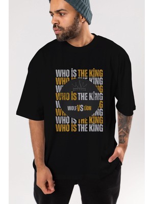 ankhisesWho Is The King Yazılı Ön Baskılı Siyah Oversize T-Shirt  Erkek Kadın Bisiklet Yaka