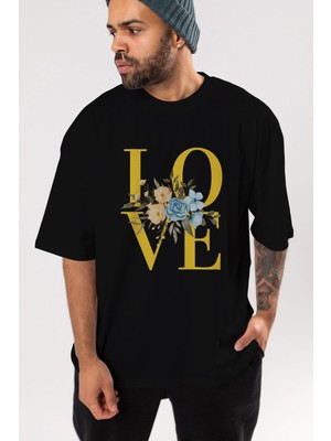 ankhises Love Flower Ön Baskılı Siyah Oversize T-Shirt  Erkek Kadın Bisiklet Yaka