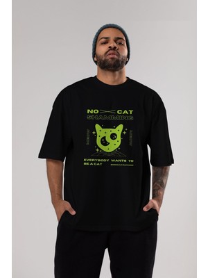 ankhises No Cat Shamming Yazılı Ön Baskılı Siyah Oversize T-Shirt  Erkek Kadın Bisiklet Yaka
