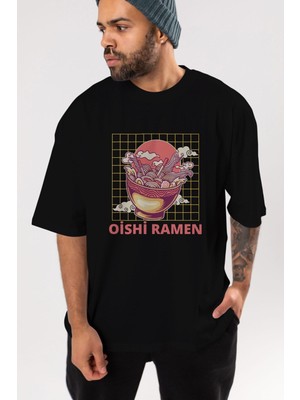 ankhises Oishi Ramen Yazılı Ön Baskılı Siyah Oversize T-Shirt  Erkek Kadın Bisiklet Yaka
