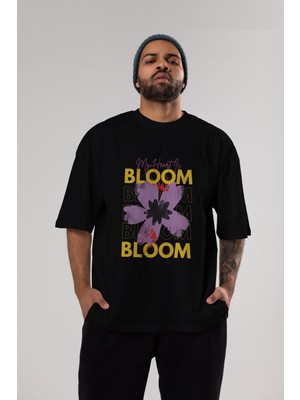 ankhises Bloom Yazılı Ön Baskılı Siyah Oversize T-Shirt  Erkek Kadın Bisiklet Yaka